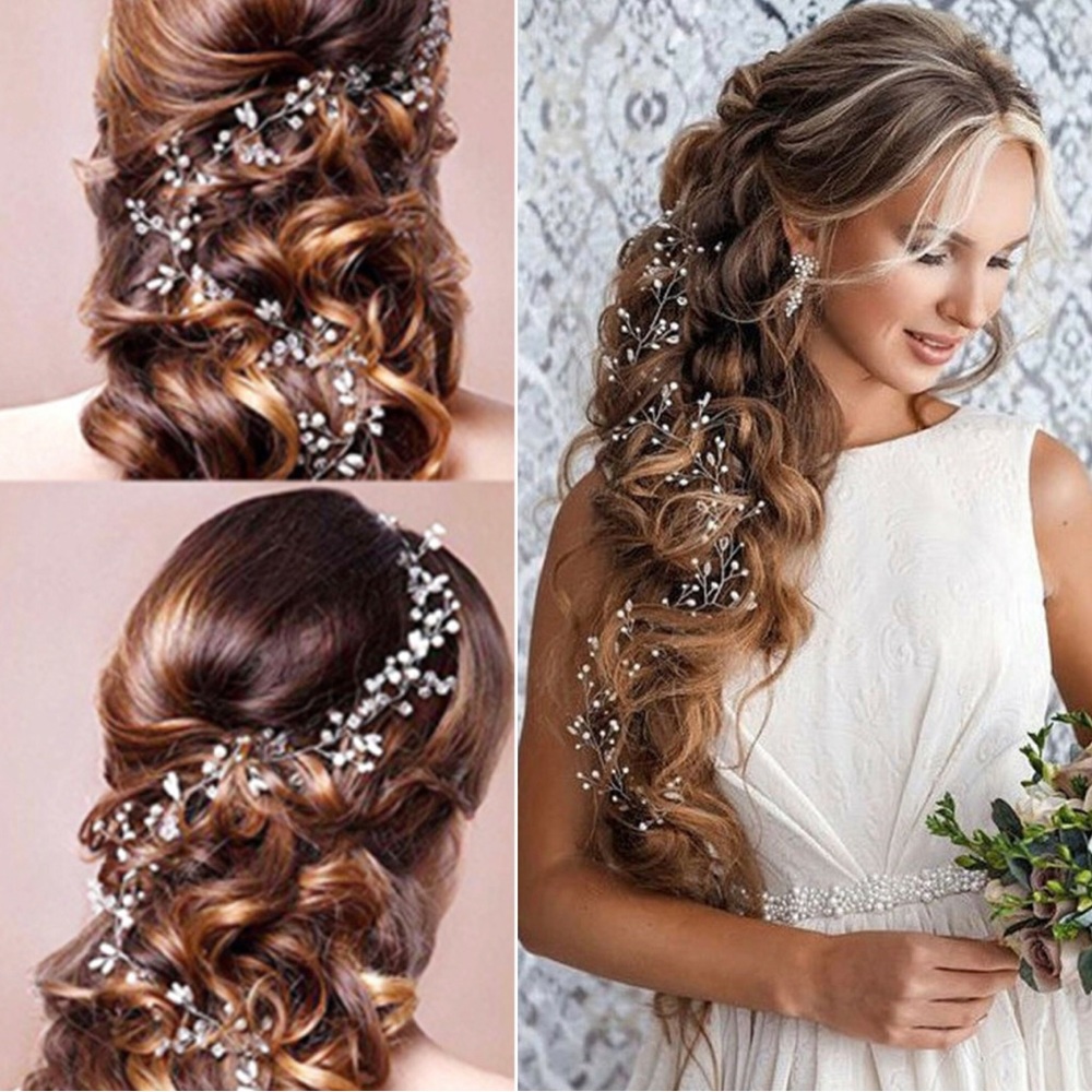 Long Gold Bridal Hair Vine in White Pearl Crystal and Rhinestone